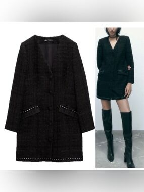 Zara black textured tweed blazer dress studded details on pockets and hem Sz L